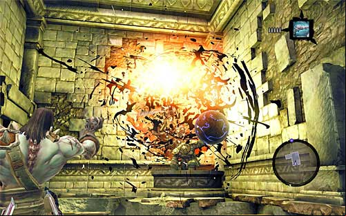 When you get to the second level of the temple, locate a new blue ball and aim at the dormant shadowbomb to free it - Wake the Construct (2) - To Move a Mountain - Darksiders II - Game Guide and Walkthrough