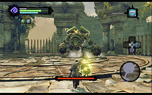 Once you have a shadowbomb, aim at the boss (SHIFT button) before the shadowbomb explodes prematurely - Boss 5 - Construct Hulk - To Move a Mountain - Darksiders II - Game Guide and Walkthrough