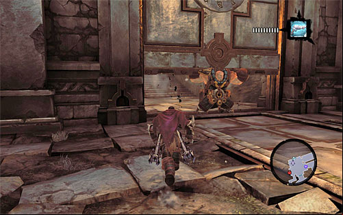 Since you have to wait for Karn to enter the location and position himself near the other big gate, you need to wait on the beam - Wake up the Keeper (1) - The Heart of the Mountain - Darksiders II - Game Guide and Walkthrough