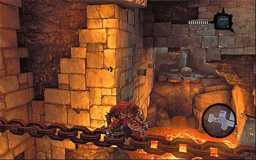 Go straight ahead and stop after you some 2/3 of the length of the chain - Wake up the Keeper (1) - The Heart of the Mountain - Darksiders II - Game Guide and Walkthrough