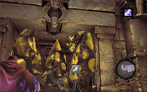 Jump down to the lower ledge and Karn by using the Death Grip on the interactive catch between you and him - Wake up the Keeper (2) - The Heart of the Mountain - Darksiders II - Game Guide and Walkthrough