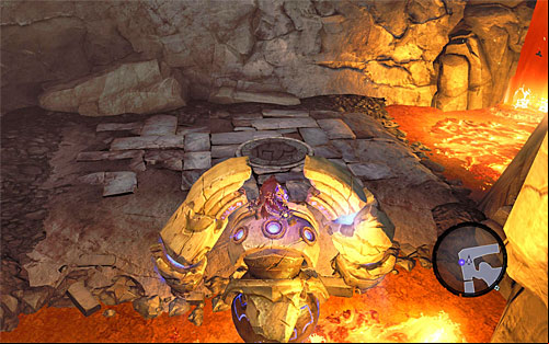 Start exploring the lowest level of the foundry, taking advantage of the fact that the construct can freely move over lava - Wake up the Keeper (2) - The Heart of the Mountain - Darksiders II - Game Guide and Walkthrough