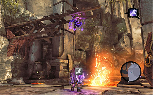 Go towards the dilapidated wooden structure that has been located in the Western part of the main area (the above screenshot) - Wake up the Keeper (2) - The Heart of the Mountain - Darksiders II - Game Guide and Walkthrough