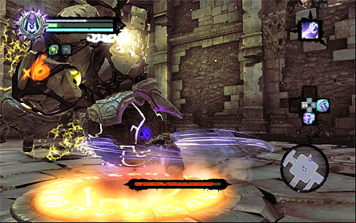 The corrupted custodian should be attacked only when he finishes one of his slower attacks, but , at the same time, not to deal too many blows, because he may regain strength and respond to your attacks - Boss 6 - Corrupted Custodian - The Heart of the Mountain - Darksiders II - Game Guide and Walkthrough