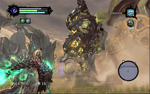 Right after the guardian's attack misses, quickly approach this right limb - Boss 7 - The Guardian - The Heart of the Mountain - Darksiders II - Game Guide and Walkthrough
