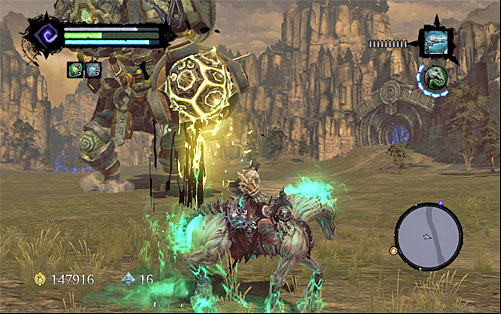 During the second phase the boss will start using cannon and shoot large yellow projectiles, being large, explosive bombs - Boss 7 - The Guardian - The Heart of the Mountain - Darksiders II - Game Guide and Walkthrough
