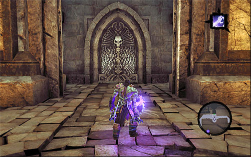 As I mentioned before, your current goal is the door lit-up by torches, which is located on the upper balcony in the western part of the arena (the above screen) - Summon the Arena Champion (1) - The Toll of Kings - Darksiders II - Game Guide and Walkthrough