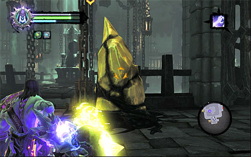 Once you're at the new shelf, look around for a shadowbomb and throw it at the yellow formation close-by - Find the first Soul - Judicator - Darksiders II - Game Guide and Walkthrough