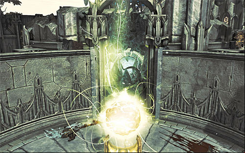 Interact with the second rotary mechanism in person, and notice that moving the wall resulted in the yellow sphere, shown in the above screenshot, being charged - Find the Scribe - northern part of the Citadel (2) - Stains of Heresy - Darksiders II - Game Guide and Walkthrough