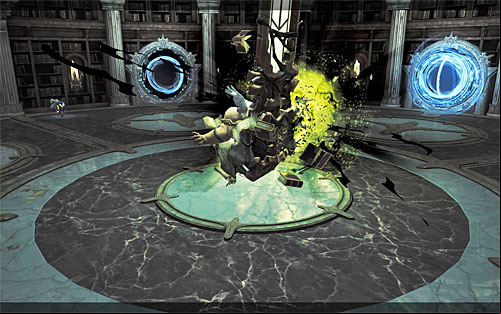 Position yourself in front of the first one of the opened portals and wait for the boss to send a yellow sphere your way (screenshot 1) - Boss 17 - Jamaerah the Scribe - Stains of Heresy - Darksiders II - Game Guide and Walkthrough