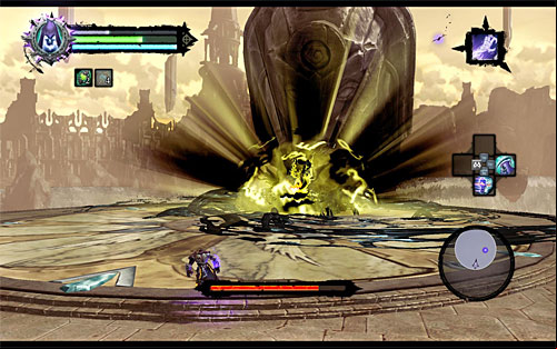 This is another stage of the battle in which you need to keep an eye on two different types of the Archon's moves, which are: a pound on the ground (screenshot 1) and throwing boulders (screenshot 2) - Boss 18 - Archon - Stains of Heresy - Darksiders II - Game Guide and Walkthrough