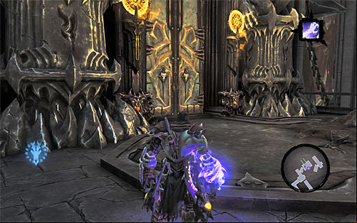 Return to the balcony, jump down and now, for a change, use the interactive ledge and handholds located on the east wall (screenshot 1) - Find Samael - end - The Lord of the Black Stone - Darksiders II - Game Guide and Walkthrough