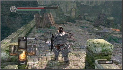 There is a bonfire in a tower to the left behind a bowman - Undead Burg - p. 1 | Walkthrough - Walkthrough - Dark Souls Game Guide & Walkthrough