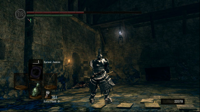 Shoot at the rope to make the corpse fall down - Oolacite Township - Walkthrough - Dark Souls Game Guide & Walkthrough