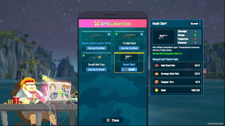After you complete the blueprint, you can open the Weapon Shop app while you are on the boat - Dave the Diver: How to use Tranquilizer and Net Gun? - Fishing - Dave the Diver Guide