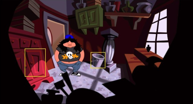 On the right, there is a door to a storage room - Find oil, vinegar and some gold, and give them to Red Edison - Walkthrough - Day of the Tentacle: Remastered - Game Guide and Walkthrough