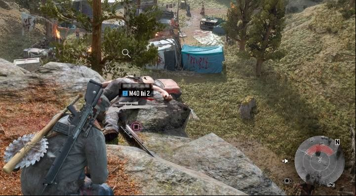 Take a position on the hill for the best attack and initially use the silencer - Days Gone: Marauder Camp Hunter - walkthrough - Main storyline - Days Gone Guide