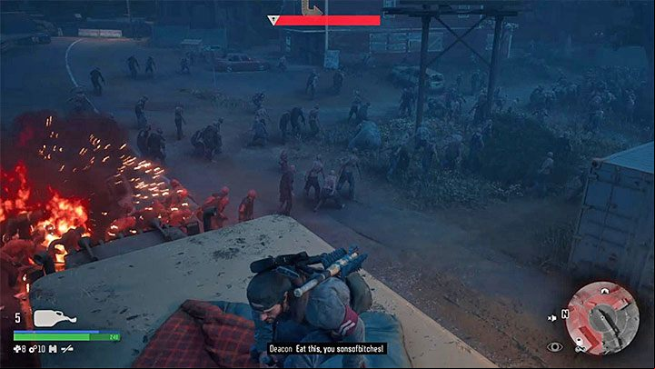 Throw one or two Napalm Molotov into the Horde at the beginning of the battle - Days Gone: How to beat Horde of Chemult? - Combat - Days Gone Guide
