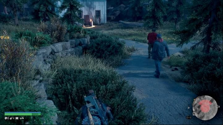 When they rest on a bench, sneak behind them and enter the bushes between the buildings - here you will encounter Iron Mike - follow him as you walk through the bushes - Days Gone: Hes my Brother - walkthrough - Main storyline - Days Gone Guide