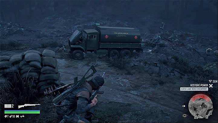 A good idea at the beginning of the battle is to throw the attractor in the vicinity of the fuel tank parked in this location - Days Gone: How to unlock One Down Trophy? - Trophy Guide - Days Gone Guide
