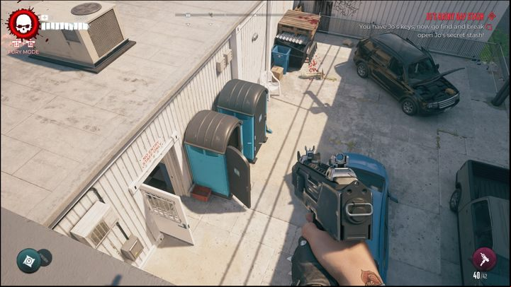 To access the rooftop, you need to climb on a portable toilet or a wooden footbridge, then grab the edge of the roof and climb it - Dead Island 2: Jos Rainy Day Stash - Lost and found - Dead Island 2 Guide