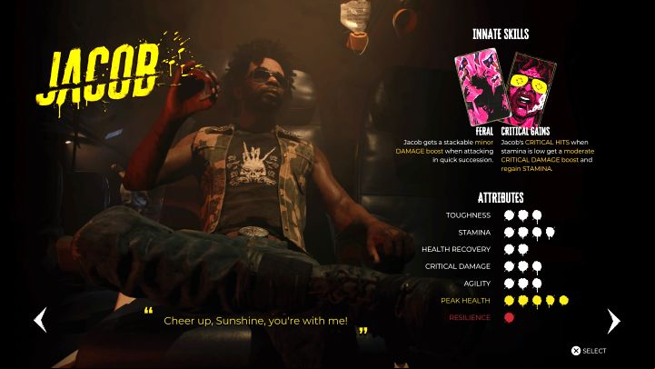 When playing this character, you don't have to constantly worry about depleting all your health and stamina supplies, but you do need to use skill cards to improve healing - Dead Island 2: List of characters - Basics - Dead Island 2 Guide
