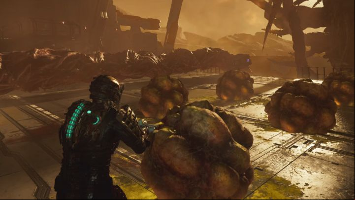 The boss spits out cocoons that will land in various places across the arena - Dead Space Remake: How to defeat the final boss Hive Mind? - Bosses - Dead Space Remake Guide
