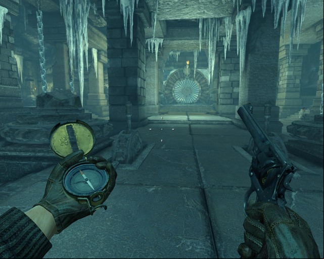 Turn two statues so they face the door, the left one is destroyed but you can see if its in the right position. - Arctic Cave | Walkthrough - Walkthrough - Deadfall Adventures Game Guide & Walkthrough