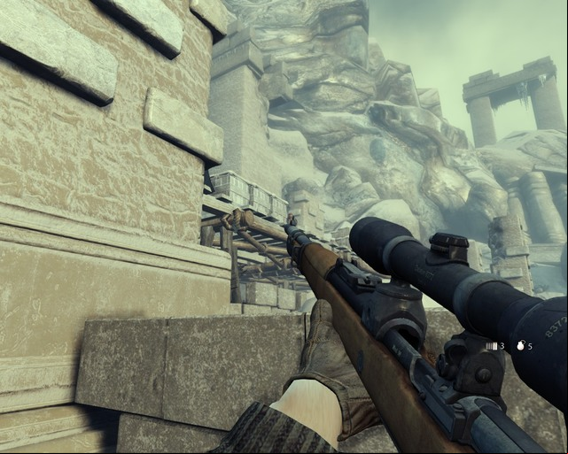 I hid here, theres dynamite next to you, the sniper rifle does no harm to the boss. - Arctic Cave | Walkthrough - Walkthrough - Deadfall Adventures Game Guide & Walkthrough