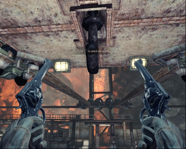 Plant the dynamite on the hook and shoot it when it touches the chain. - Mines | Walkthrough - Walkthrough - Deadfall Adventures Game Guide & Walkthrough