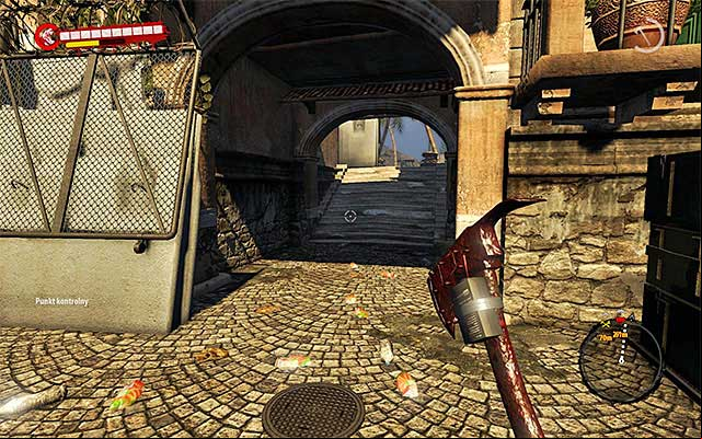 Search carefully this part of Military Base and then return next to the first tower with siren and find a narrow age leading north (screen above) - Destroy or turn off sirens | Chapter 9 - Militarized Zone - Chapter 9 - Militarized Zone - Dead Island Riptide Game Guide