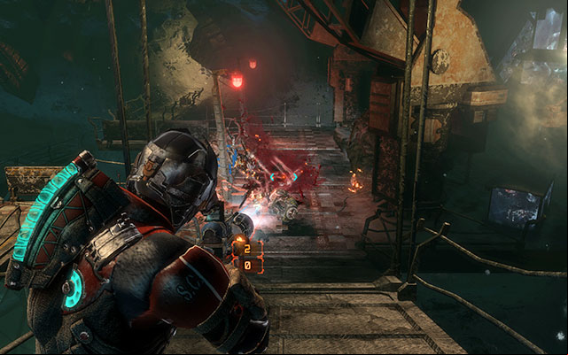 After leaving the room you should see another mechanism with lines - after few steps youll get attacked by a horde of Necromorphs - Follow Danik down the Research Silo | 16: What Lies Below - 16: What Lies Below - Dead Space 3 Game Guide