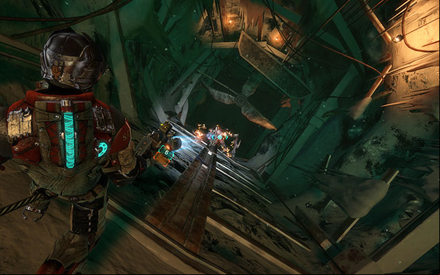 When you get to the bottom, youll come across another monster fighting two Unitologists - Follow Danik down the Research Silo | 16: What Lies Below - 16: What Lies Below - Dead Space 3 Game Guide