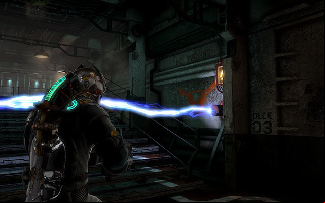 After crossing the gate, youll come across another electric blockade - a is located in the right, behind a pillar - Locate Edwards | Side missions: Conning Tower - Side missions: Conning Tower - Dead Space 3 Game Guide