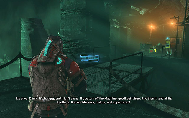 Youll find yourself in the large room with a green light in a distance - Retrieve the Codex from Danik | 17: A Strange City - 17: A Strange City - Dead Space 3 Game Guide