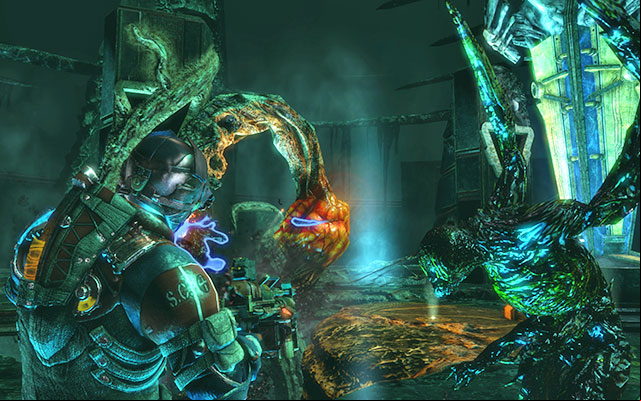 Both on the left and on the right side, youll find round platforms, which strengthen kinesis - you have to stand on them in order to turn machines - Align the Power Array | 18: Kill or Be Killed - 18: Kill or Be Killed - Dead Space 3 Game Guide