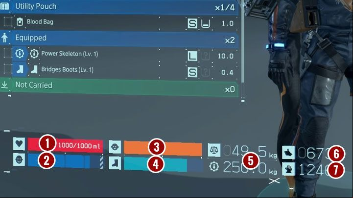 Character stats are displayed in the lower-left corner of the screen and they appear when you open any pause menu - Character stats in Death Stranding - Basics - Death Stranding Guide