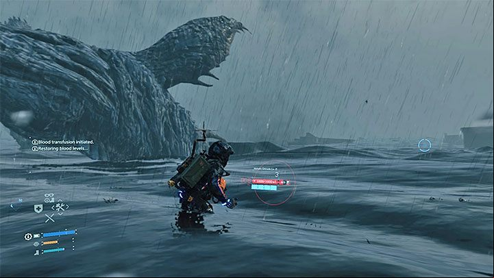 The above action is aimed at transporting Sam to the tar belt where a creature resembling a whale appears - How do I get through the tar belt in Death Stranding? - Puzzles - Death Stranding Guide