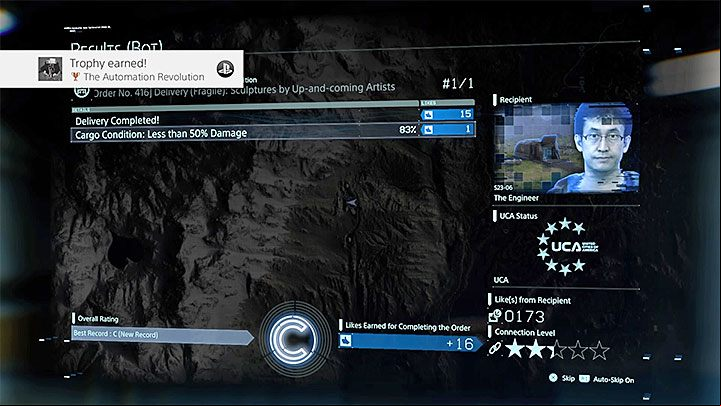 The description of each order for the bot has information on how long it will take the bot to deliver the cargo - usually, it is several tens of minutes - Death Stranding - List of trophies - Trophy Guide - Death Stranding Guide