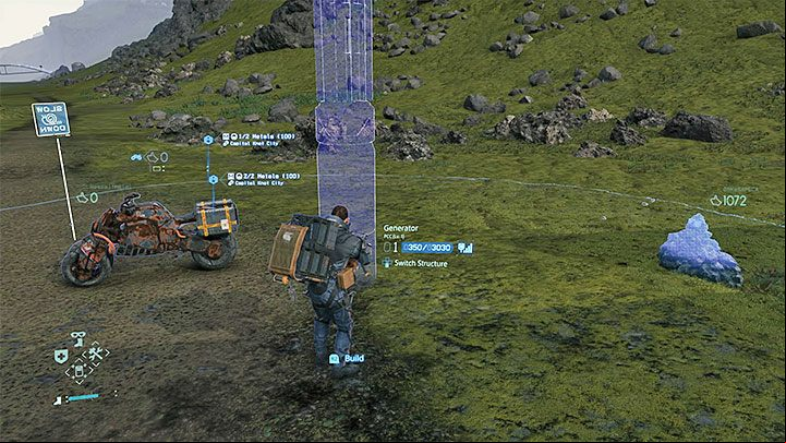 When you get there, choose the PCC item from the inventory and place the generator next to the parked motorcycle - How to get and start a new motorcycle in Death Stranding? - Exploration and cargo transportation - Death Stranding Guide