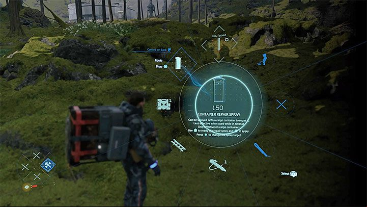 After a container has been damaged, select it from the inventory and put it on the ground - How to repair a damaged cargo in Death Stranding? - Exploration and cargo transportation - Death Stranding Guide