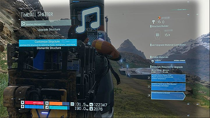 Once a structure is improved, interact with it again and select Customize Structure option - How to create holograms in Death Stranding? - Multiplayer and social elements - Death Stranding Guide