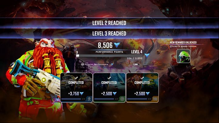 After completing a mission, players receive a certain number of Performance Points, as well as rewards for entering the next level of the season - Deep Rock Galactic: Performance - Basics - Deep Rock Galactic Guide