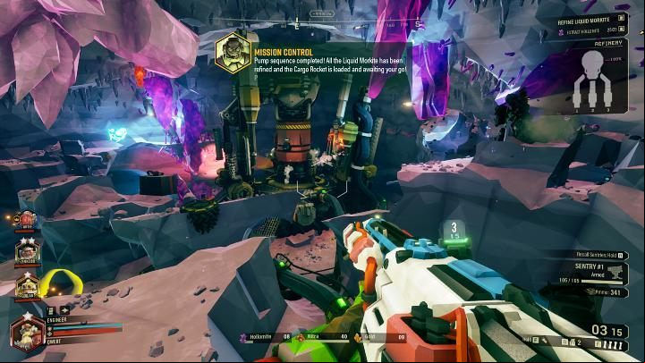 After activating the button, the cylinder with the Liquid Morkite will return to the space station, and after a while an escape pod will appear in the cave - Deep Rock Galactic: On-Site Refining - finishing the mission and evacuation - On-Site Refining - Deep Rock Galactic Guide