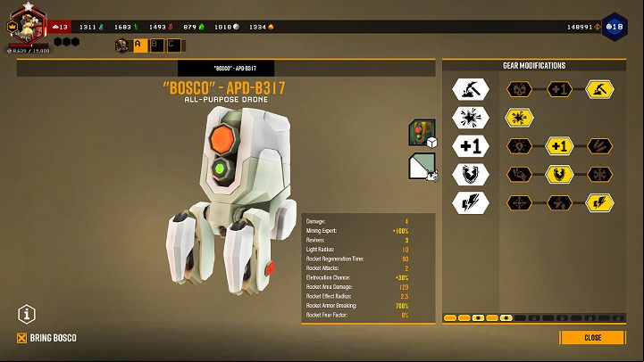 Boscos modifications are divided into 5 tiers and unlocked at a certain character level - Deep Rock Galactic: APD-B317 (Bosco) - Basics - Deep Rock Galactic Guide