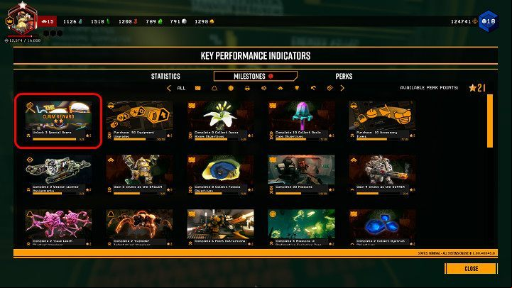 Once the player has reached a certain Milestone by completing the corresponding task, the relevant information will be displayed on the games main screen - Deep Rock Galactic: Perks - Basics - Deep Rock Galactic Guide
