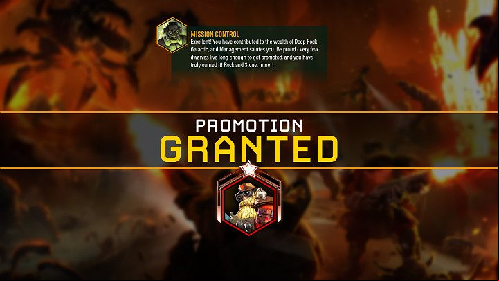 In order to advance the rank of a dwarf, you will first have to gain the maximum level of the character (which is 25) and collect a substantial amount of credits and rare resources - Deep Rock Galactic: End game - how much time you need, how to speed up? - FAQ - Deep Rock Galactic Guide