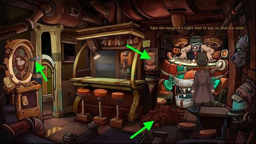 Pick up Red Curtain from the floor, take a Sign from the pole next to bar and take the Dart out of dartboard - Find Goal | Part 1 - Kuvaq - Part 1 - Kuvaq - Deponia Game Guide & Walkthrough