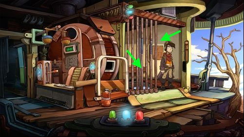 Take the Lock Pick on the bench and use it to open the Cell Grating - Find coffee powder ingredients | Part 1 - Kuvaq - Part 1 - Kuvaq - Deponia Game Guide & Walkthrough