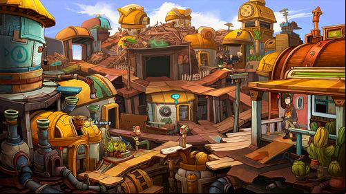 Leave Tonis shop and look at Wenzels house chimney (to the left) - Find coffee water ingredients | Part 1 - Kuvaq - Part 1 - Kuvaq - Deponia Game Guide & Walkthrough